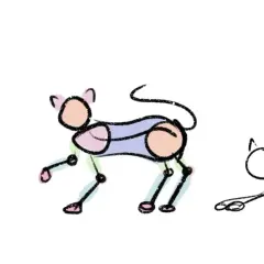 Bocetos de gatitos en diferentes poses. Uno sentado, otro a cuatro patas con colores pastel, y uno estirándose.