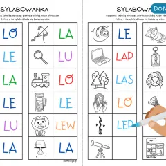 Zadanie "Sylabowanka" uczy, ile głosek w słowie. Obrazki lodów, klocków, plaży, leków i lamy po lewej, a po prawej leniwca, laptopa, lasu, dziewczyny i lampy.