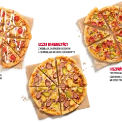 Trzy pizze: Król Kebabów, Uczta Barbarzyńcy i Hiszpański Łotr. Różne rozmiary pizzy i składniki.