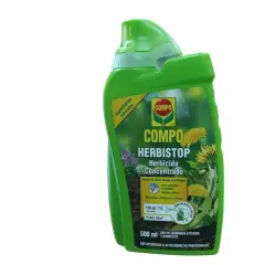 Bouteille verte de désherbant Compo Herbistop, à base d'acide pélargonique, pour un jardin sans mauvaises herbes.
