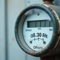 Zbliżenie na licznik gazu z cyfrowym wyświetlaczem pokazującym 38.30 m³.