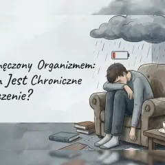 Chłopak siedzi w fotelu pod deszczową chmurą, z rozładowaną baterią nad głową. To obraz **osłabienia organizmu** i chronicznego zmęczenia.