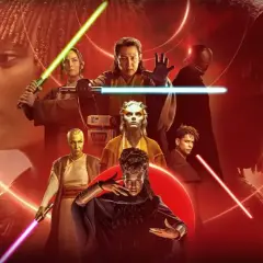 Plakat Star Wars Acolyte: grupa postaci z mieczami świetlnymi, w tym Chewbacca, na tle galaktycznego miasta i lasu.