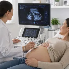 Lekarka wykonuje badanie prenatalne, przykładając głowicę USG do brzucha przyszłej mamy. Na ekranie widać obraz płodu.