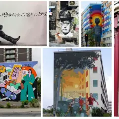 Collage de street art à Lille : un homme tirant des oiseaux, un portrait, un enfant devant un arc-en-ciel, une fresque colorée et une femme stylisée.