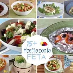 Collage di piatti con feta greca: insalate, pasta, tortini e panini. Scopri 15+ ricette con la feta per piatti freschi e gustosi.
