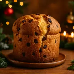 A puszysta babka panettone z rodzynkami na drewnianej desce, otoczona świątecznymi ozdobami i migoczącymi światełkami choinkowymi.