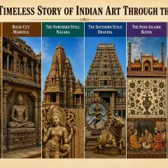 A collage showcasing the evolution of Indian art, from prehistoric cave paintings and pottery to rock-cut marvels, temple architecture, Indo-Islamic designs, and colonial-era portraits.