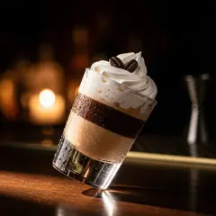 En läcker shot med lager av kaffe och grädde, toppad med två kaffebönor. En riktig hot shot för kaffeälskaren.