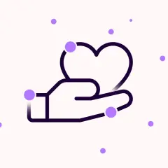 A hand holds a heart, surrounded by floating purple dots. This imagery can affect labeling by visually representing care and connection.