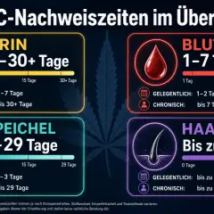 Übersicht über THC-Nachweiszeiten: Blut 1-7 Tage, Urin 3-30+ Tage, Speichel 1-29 Tage, Haare bis 90 Tage.