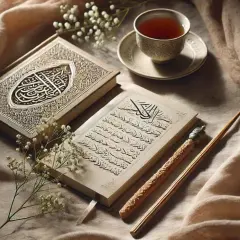 En öppen bok med arabisk skrift, en kopp te och en blomma. En stillsam scen som kan inspirera till hur man ber till Gud.