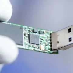 Nahaufnahme eines USB-Sticks mit Leiterplatte. Vielleicht hilft die CMD, den USB stick reparieren.