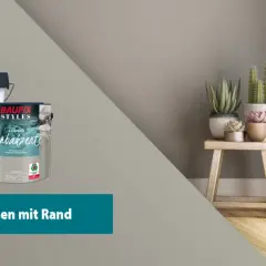 Zwei Eimer Wandfarbe, einer weiß, der andere mit "Farbakzente" beschriftet. Daneben ein Hocker mit Pflanzen. So gelingt das Wand streichen mit Rand.