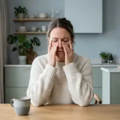 Kvinna med händerna över ögonen, ser ut att ha ont i bihålorna, kanske smittar bihåleinflammation.
