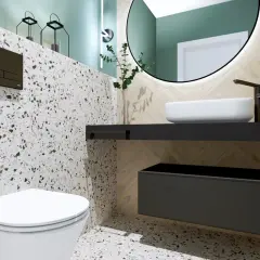 Nowoczesne płytki do WC aranżacje: mozaika na ścianie, biała miska WC, czarna podwieszana szafka z umywalką nablatową i lustrem.