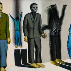 Dzieła Andrzeja Wróblewskiego: surrealistyczna wizja postaci w dziwnych pozach, z surrealistycznymi cieniami.