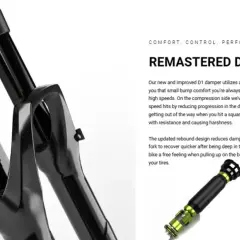 Close-up of a bicycle fork showing the internal D1 damper with green accents. This remastered D1 damper offers improved comfort and control.