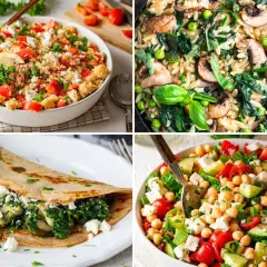 Vier gesunde Gerichte: Couscous-Salat, Nudelgericht mit Pilzen, gefüllter Crêpe und Kichererbsensalat.