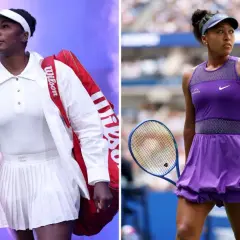 Venus Williams in white, carrying a Wilson bag, and Naomi Osaka in purple, showcasing the ultimate tennis aesthetic.