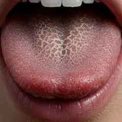 Lengua blanxa con un patrón agrietado, mostrando la textura y los labios rosados.