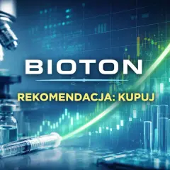 Bioton notowania: rekomendacja kupuj. Wzrosty na wykresach giełdowych, strzykawka i fiolki sugerują inwestycję w biotechnologię.