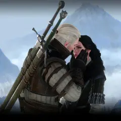 Geralt i Yennefer w czułym uścisku na tle ośnieżonych gór. Ich miłość jest silniejsza niż mroźny wiatr.