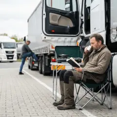 Kierowca ciężarówki odpoczywa, czytając książkę i pijąc kawę, by uniknąć mandatu za skrócenie pauzy weekendowej.
