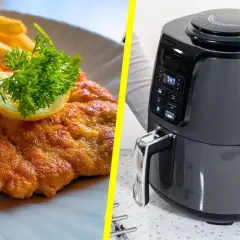 Knuspriges Schnitzel mit Pommes und ein Airfryer – die perfekte Kombination für eine schnelle und gesunde Mahlzeit.