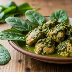 Palak chicken i en grön, krämig sås, med färska spenatblad vid sidan om.