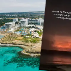 Widok na hotel i plażę na Cyprze, obok zdjęcie z tekstem "Jesteś na Cyprze i widzisz wybuchy rakiet z plaży swojego hotelu...", rodzi pytanie: czy Cypr jest bezpieczny?