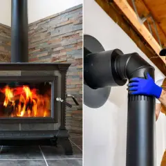 Poêle à bois intérieur avec flammes vives et installation d'un conduit de cheminée par un ouvrier.