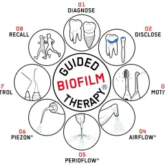Schema della Guided Biofilm Therapy: diagnosi, rivelazione del biofilm batterico denti, motivazione, Airflow, Perioflow, Piezon, controllo e richiamo.