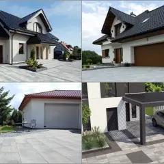 Nowoczesny podjazd do domu z garażem i wiatą samochodową. Eleganckie płyty betonowe tworzą schludną przestrzeń.