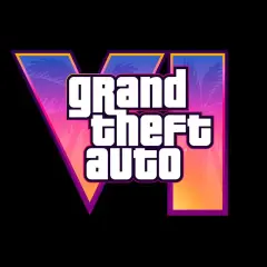 Logo GTA VI z palmami w tle, w neonowych barwach różu i pomarańczy.
