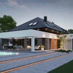Nowoczesny dom z basenem i dmuchanym flamingiem. Oświetlony taras z sofami zaprasza do relaksu.
