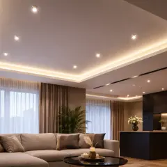 Nowoczesne sufity podwieszane wzory z oświetleniem LED tworzą przytulną atmosferę w salonie i kuchni.