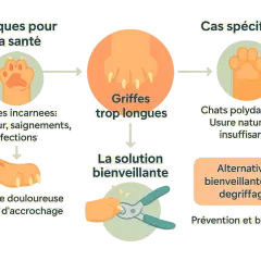 Schéma expliquant les risques des griffes trop longues chez le chat et la solution bienveillante pour couper griffe chat.