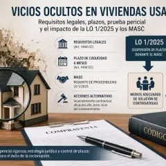 Maqueta de casa bajo lupa, contrato y Código Civil. Detalla requisitos, plazos y acciones para reclamar un vicio oculto en viviendas usadas.