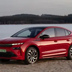 Czerwony Skoda Enyaq na piaszczystym brzegu, z lodowym jeziorem i lasem w tle.