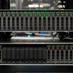 Serveur avec plusieurs baies de disques SSD, toutes allumées en **full flash**. Les indicateurs verts brillent intensément.
