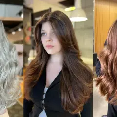 Trzy stylizacje włosów: blond, brązowe i miedziane, z subtelnymi refleksami, jakby z rysunku.
