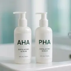 Två vita pumptoppflaskor med AHA och PHA exfolierande serum står på en diskbänk. AHA syra för en strålande hud.