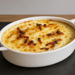 Un délicieux gratin de crozet reblochon, doré et gratiné, prêt à être dégusté.
