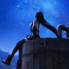Tifa Lockhart blickt unter dem Sternenhimmel auf, während die Kraft der Musik von FF7 Remake die Nacht erhellt. Ein Windrad steht neben ihr.