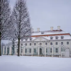 Schloss Bellevue im Schnee. Hier wohnt der Bundeskanzler, umgeben von winterlicher Pracht und alten Bäumen.