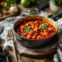Une poêle remplie de sauce tomate maison, garnie de basilic frais. Des tomates et des herbes sont disposées autour.