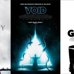 Plakaty filmowe: "The Void" z kosmicznym horrorem, "Get Out" z przerażającą twarzą i "Diary" z płaczącą dziewczyną. To idealne horrory o opetaniach.