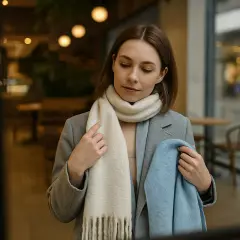 Kobieta w szarym płaszczu zastanawia się, jaki szalik do szarego płaszcza będzie najlepszy: kremowy czy błękitny.