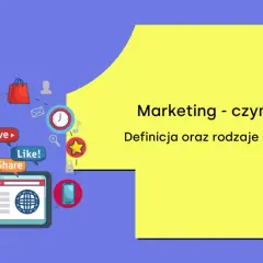 Grafika przedstawia ikony związane z marketingiem: koszyk, serce, lupę, telefon, zegar, chmurkę, kopertę, gwiazdkę, przyciski "Live", "Like!", "Share". Tekst: "Marketing - czym jest? Definicja oraz rodzaje marketingu".
